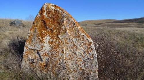 View of rock formation on field against sky