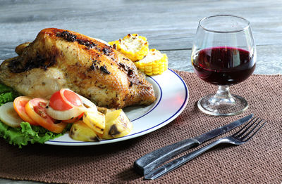 Close-up of meal served on table