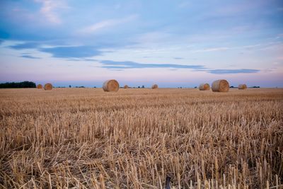 Hay bales on field against sky