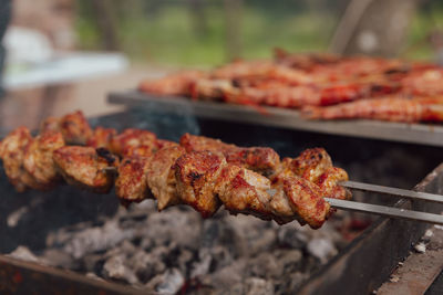Shish kebab made from pork and cooked on barbecue grill over charcoal. outdoor food concept. 