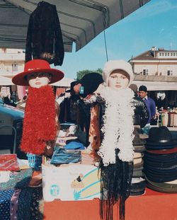 High angle view of people on street market