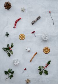 High angle view of christmas decorations on table