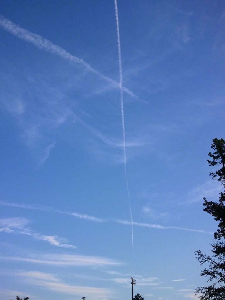 blue, low angle view, vapor trail, sky, beauty in nature, tranquility, nature, tree, scenics, cloud - sky, sunlight, silhouette, tranquil scene, sunbeam, outdoors, cloud, no people, day, sun, idyllic