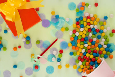 High angle view of multi colored pencils on table