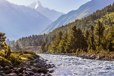 Scenic view of river amidst mountains against sky