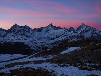 Scenic view of snow mountains against sky at sunset