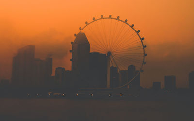 Silhouette of ferris wheel against buildings during sunset