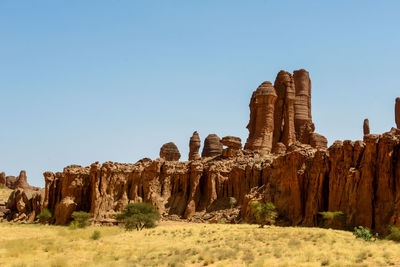 Panoramic view of rock formations against clear sky