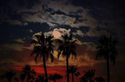 Low angle view of silhouette palm trees against romantic sky