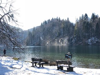 Scenic view of lake against clear sky during winter