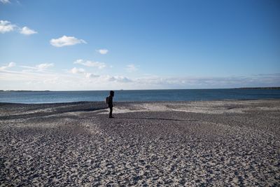 Rear view of man on beach against sky
