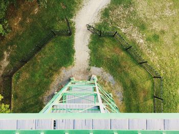 High angle view of staircase on field