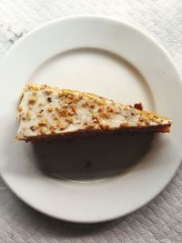 High angle view of cake in plate on table