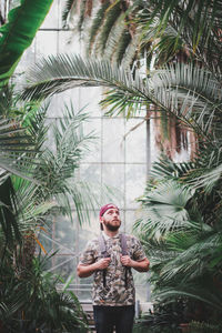 Man standing amidst trees in greenhouse