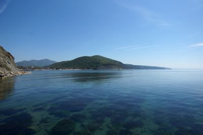 Scenic view of sea against clear blue sky