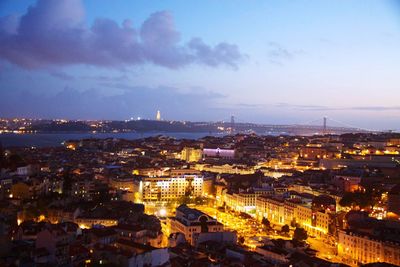 High angle view of illuminated cityscape against sky at dusk