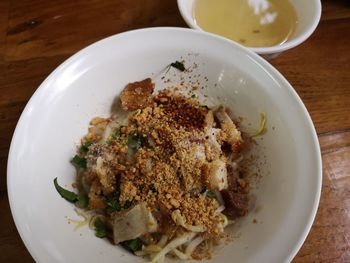 High angle view of meal served on table