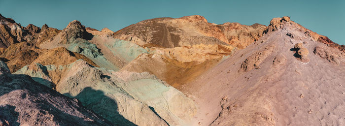 Panoramic view of rocky mountains against clear sky