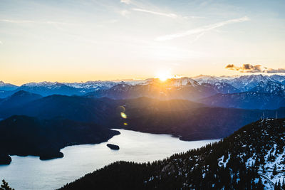 Scenic view of snowcapped mountains against sky during sunset