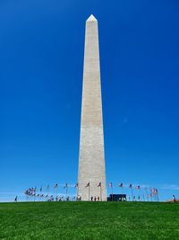 Low angle view of washington monument against clear blue sky