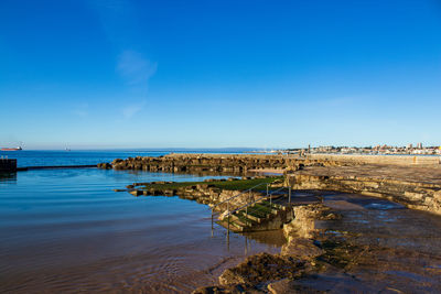 Scenic view of sea against blue sky