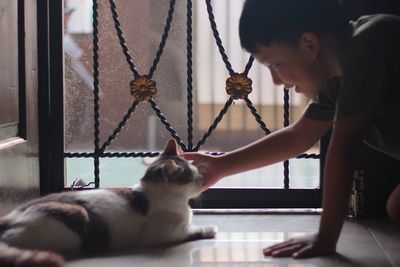 Close-up of boy playing with cat at home