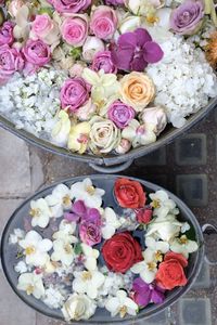 High angle view of roses in bouquet
