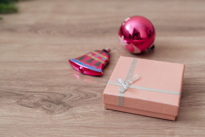 High angle view of christmas decorations on table