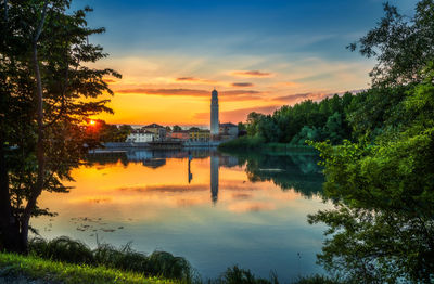 Scenic view of lake against sky during sunset