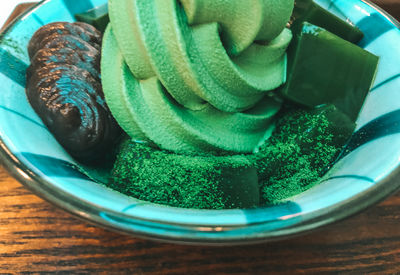 High angle view of dessert in bowl on table