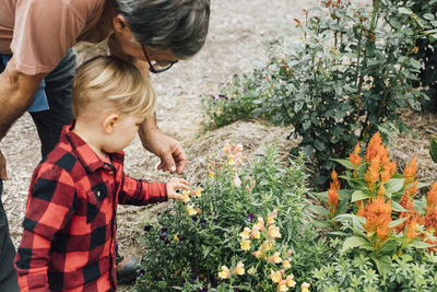 Boy with grandfather looking at snapdragon flowers in garden