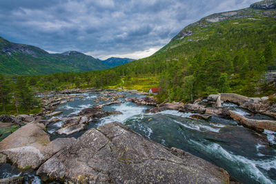 Scenic view of lake by mountains against sky