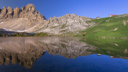 Scenic view of lake and mountains against clear blue sky