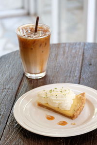 Close-up of cake served on table