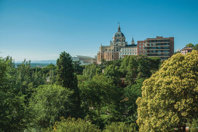 Landscape with the almudena cathedral dome on the horizon amidst green treetops in madrid, spain.