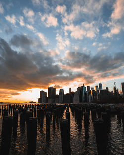 Buildings in city at sunset