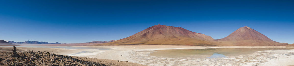 Scenic view of mountains against clear blue sky