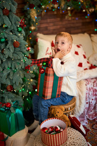 Portrait of cute girl playing with christmas tree