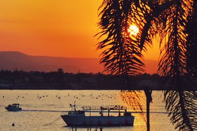 Silhouette sailboats moored on sea against orange sky
