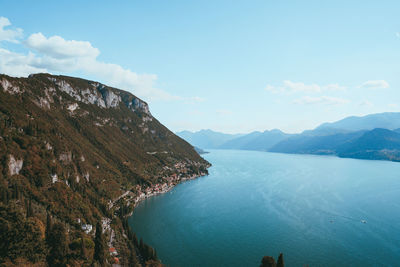 Scenic view of sea and mountains against sky