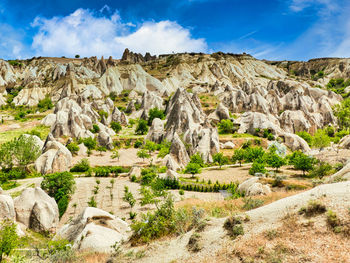 Rock formations on landscape against cloudy sky