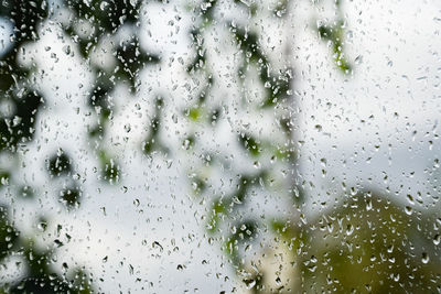 Full frame shot of wet glass window in rainy season