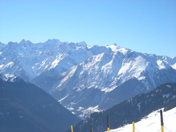 Scenic view of snowcapped mountains against blue sky