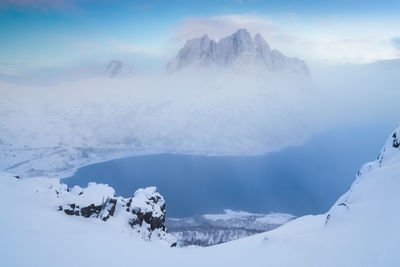 Scenic view of snow covered mountains against sky