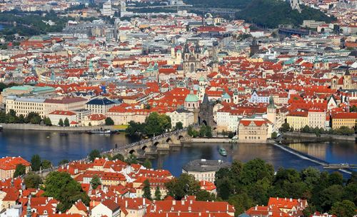 Panoramic view of city in czech republic with charles bridge and vltava river