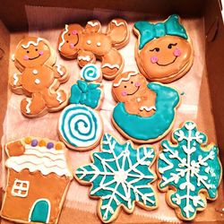 High angle view of cookies on table