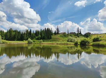 Symmetrical reflection of trees and blue sky with clouds on the lake surface