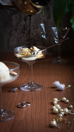 Affogato on cocktail glass on table