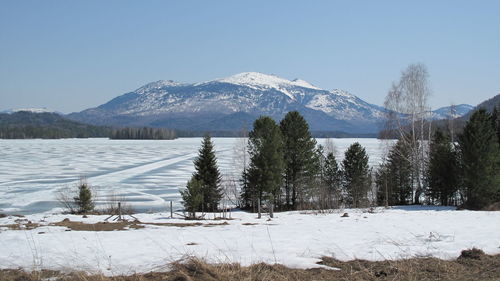 Scenic view of snowcapped mountains against clear sky