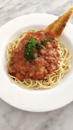 High angle view of food in plate on table